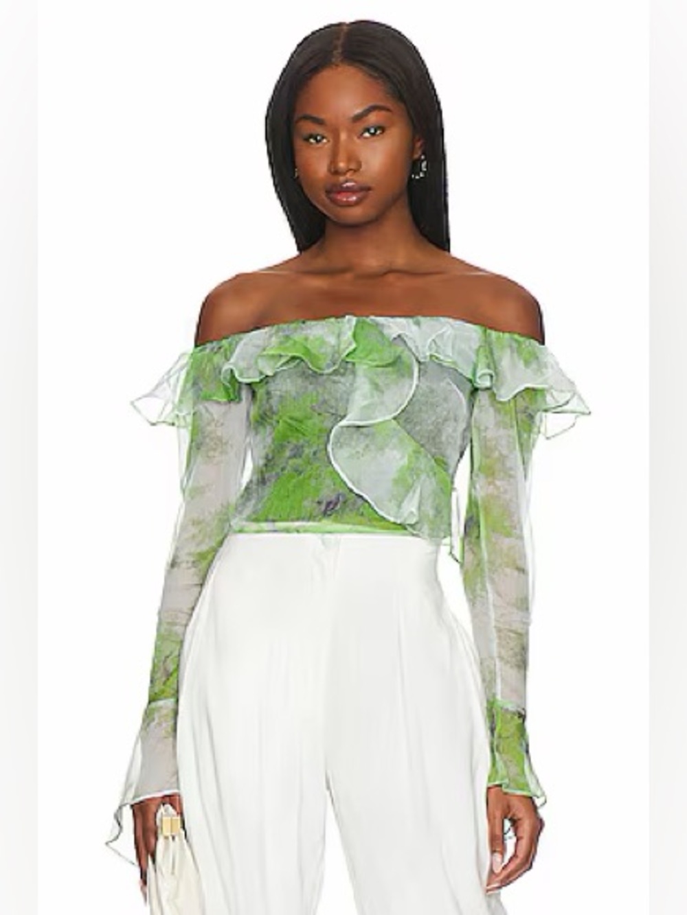 REVOLVE Off-Shoulder Ruffle Mesh Blouse in Green